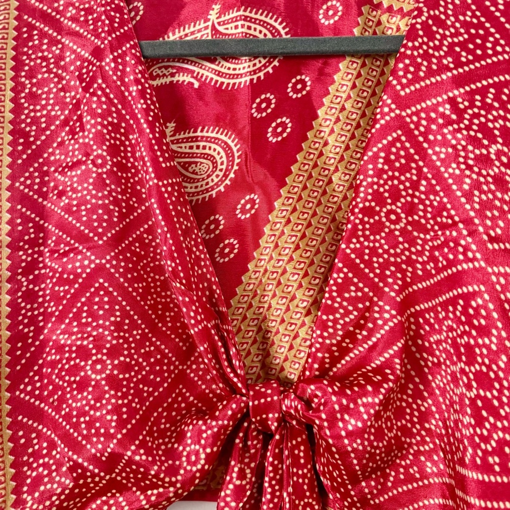 Vintage 100% Silk Sari Wrap Top ✦ Red Whimsigoth Bell Sleeve Boho One-of-a-Kind - Picture 2 of 5